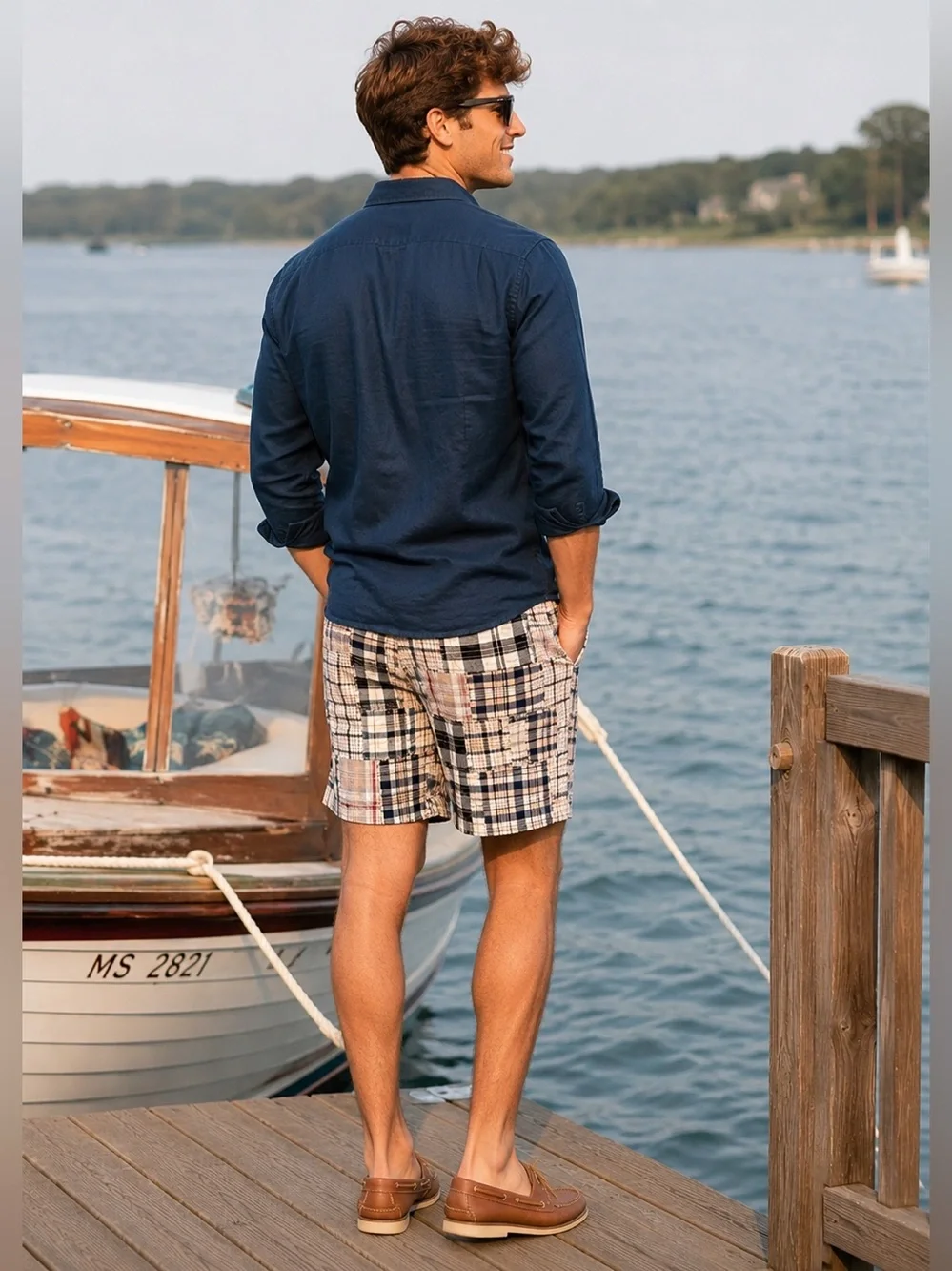 J. Crew Men's Patchwork Plaid Cotton Shorts - Navy/Beige/Black